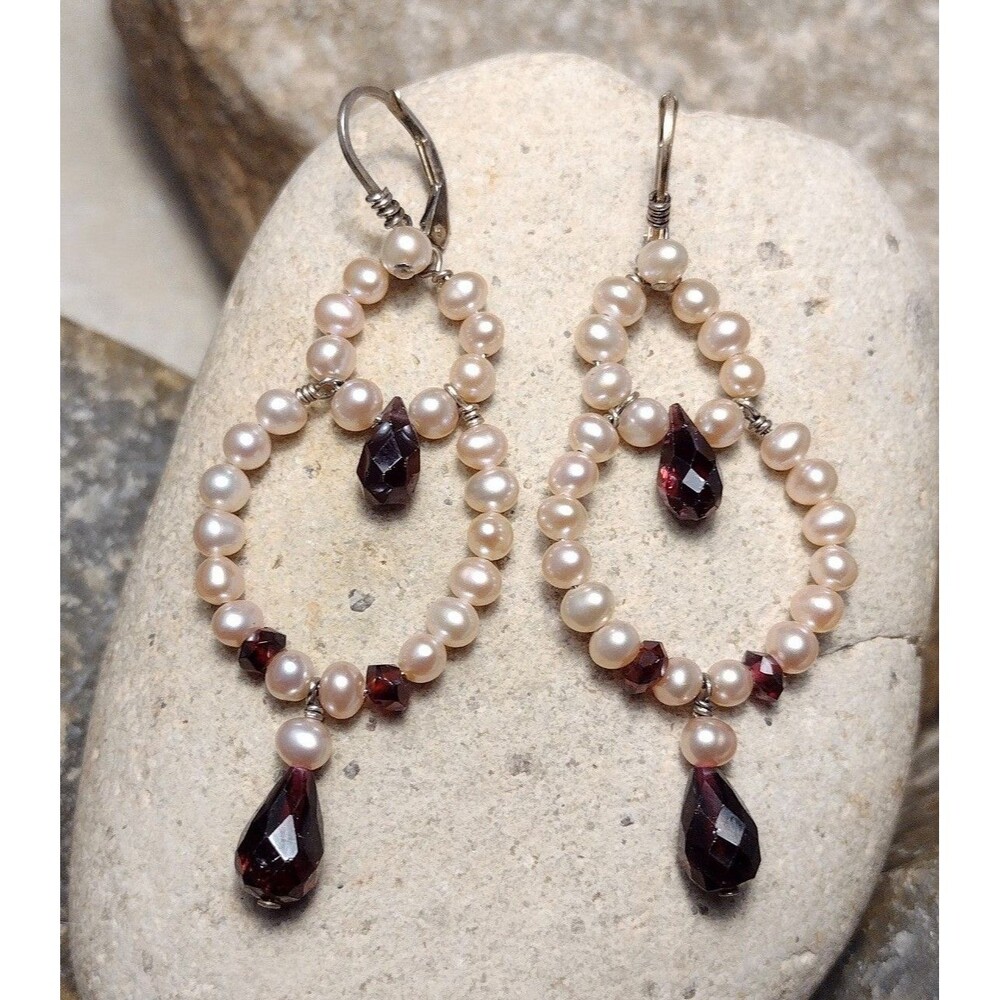 Genuine Pearl Garnet Gemstone Chandelier Sterling Silver Dangle Earrings Fancy